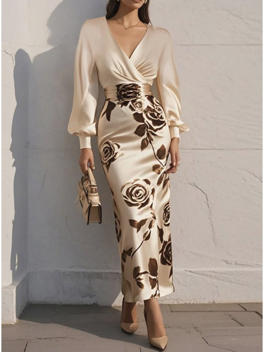 Vintage-style Rose Print Waist-cinching Midi Dress for Women | Beige And Brown Color-block V-neck Dress with Lantern Sleeves, Suitable for High-end Social And Date Occasions In Autumn And Winter