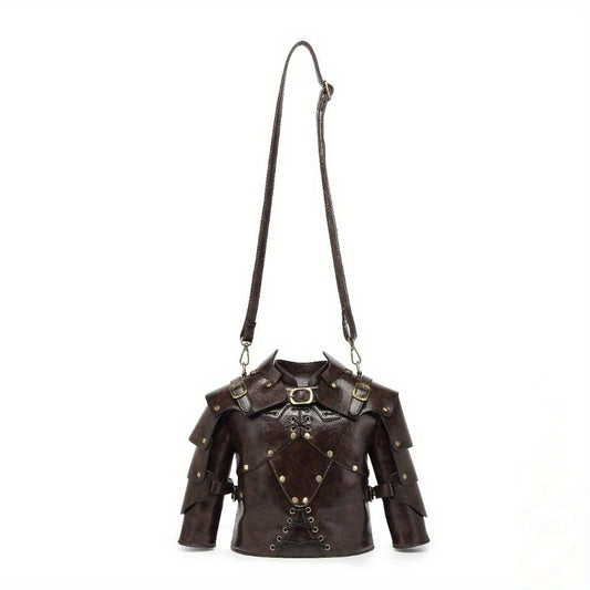 Punk Vintage Style Crossbody Bag Gothic Rivet Crossbody Bag - Double Zipper Pockets, with Adjustable Shoulder Strap, Dark Industrial Medieval Style, Armor Shaped Street Single Shoulder Bag for Men and Women