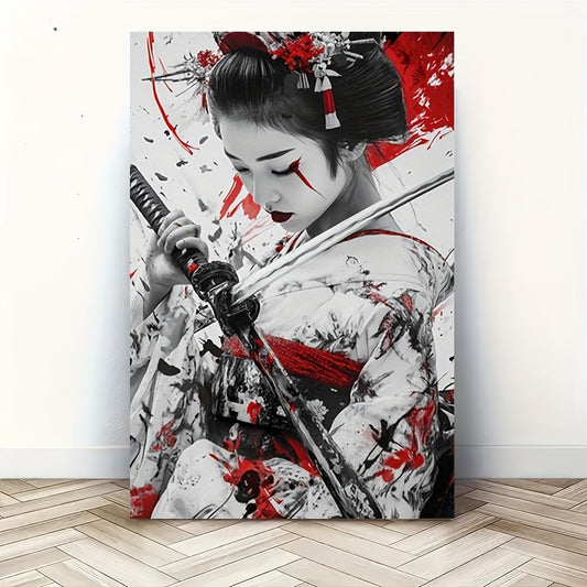 1pc Japanese Geisha Canvas Wall Art with Frame - Traditional Samurai Warrior Design, Vibrant Red & Black Ink Splatter, Wrapped Canvas for Halloween Christmas Easter Thanksgiving Home Decor, Party Accent Piece, Seasonal Decora