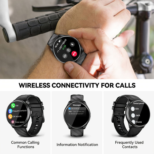 QTLJJBY Round wireless call smart sports watch, 1.46 inch HD full screen touch display, fitness tracker, IPX8, 7 days of battery life, long standby, with information push, female function, multiple sports modes (pedometer, ca