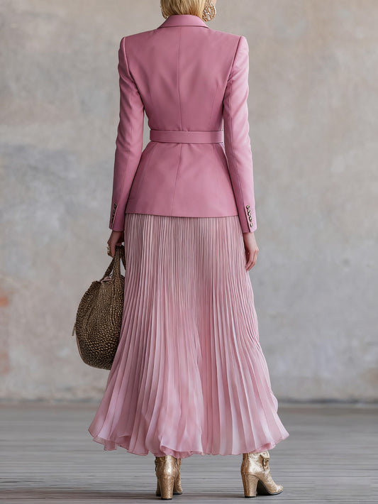 Women'S Elegant Pink Blazer with Waist Definition And Gradient Pleated Maxi Skirt Set | Ideal for Casual Events, Dates, And Subtle Vintage Styles