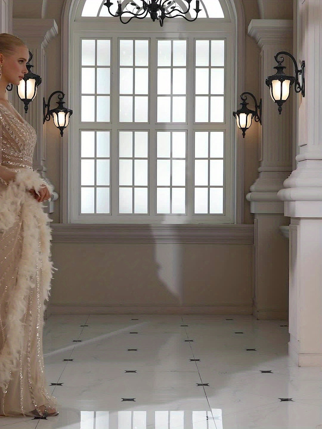 Sequined Lace V-neck Flared Long Sleeve Elegant Sexy Bodycon Mermaid Evening Gown