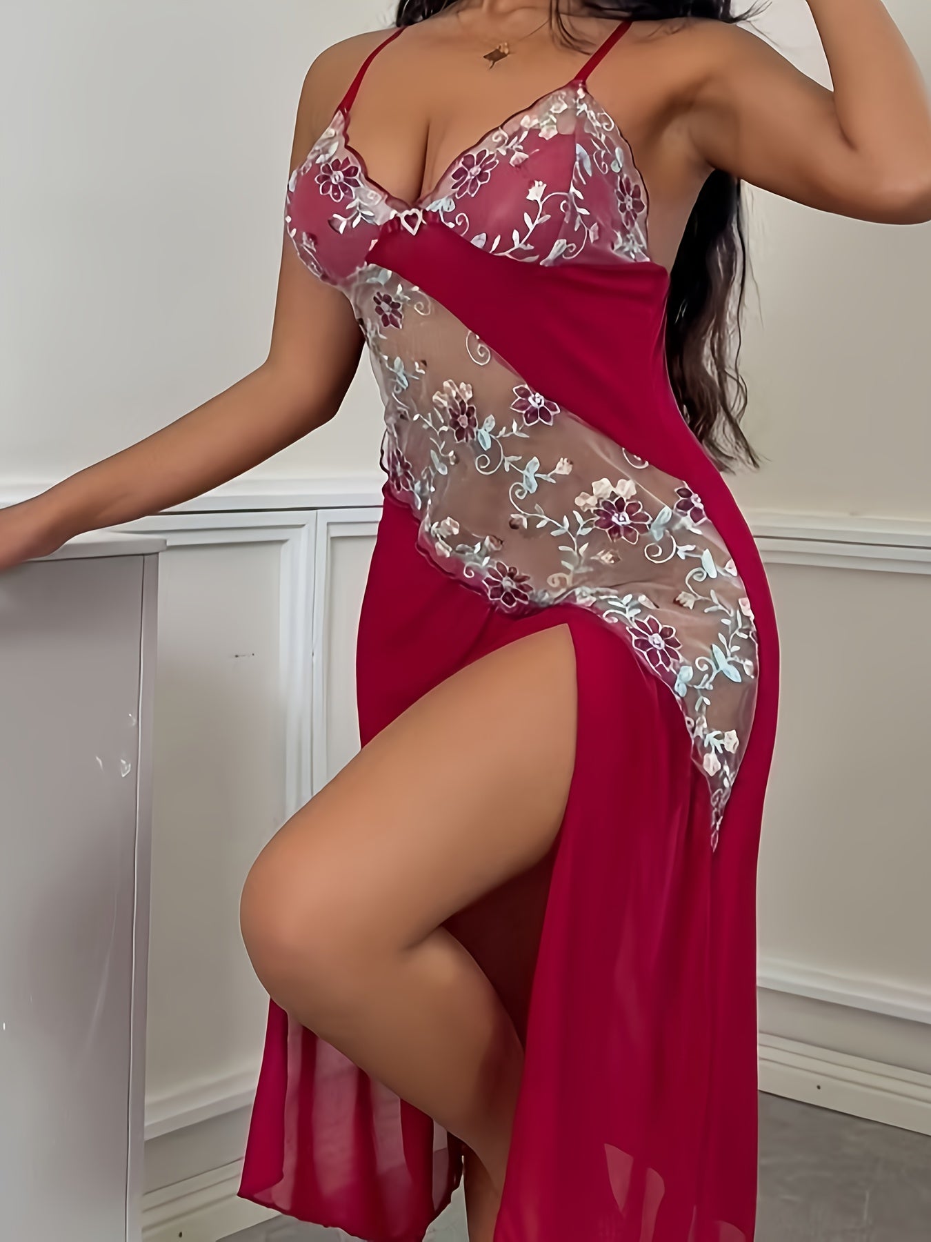 Sexy Lace Splicing Perspective Nightdress | Sexy and Thin Slim Long Loungewear, Flower Embroidered Suspender Pajamas, Sexy Split Design to Enhance Charm, Comfortable and Light Fabrics, Elegant Style, Recommended for Valentine