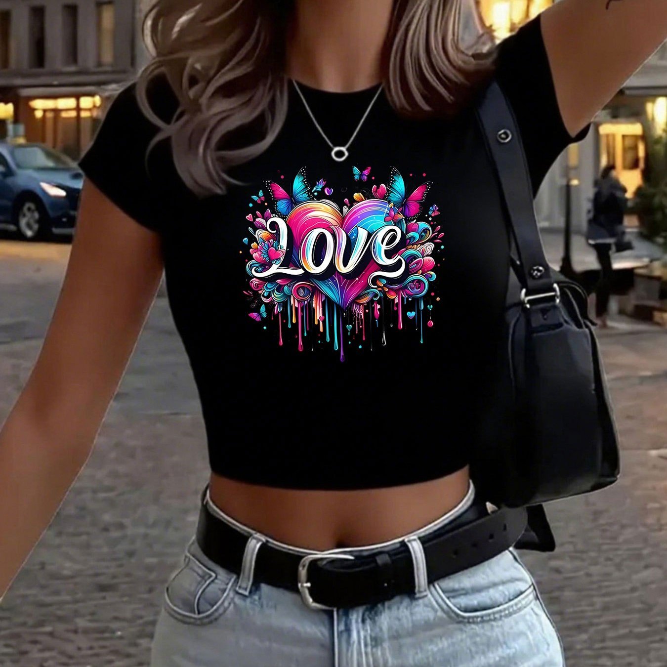 Fun Flower-shaped Letter Creative Pattern Women's Fashionable Short Printed T-shirt, Sexy Slim-fitting Waist-revealing Women's T-shirt, Round-neck Short Women's Tight Top, Classic Three-color Short-sleeved Casual, Elegant, Li