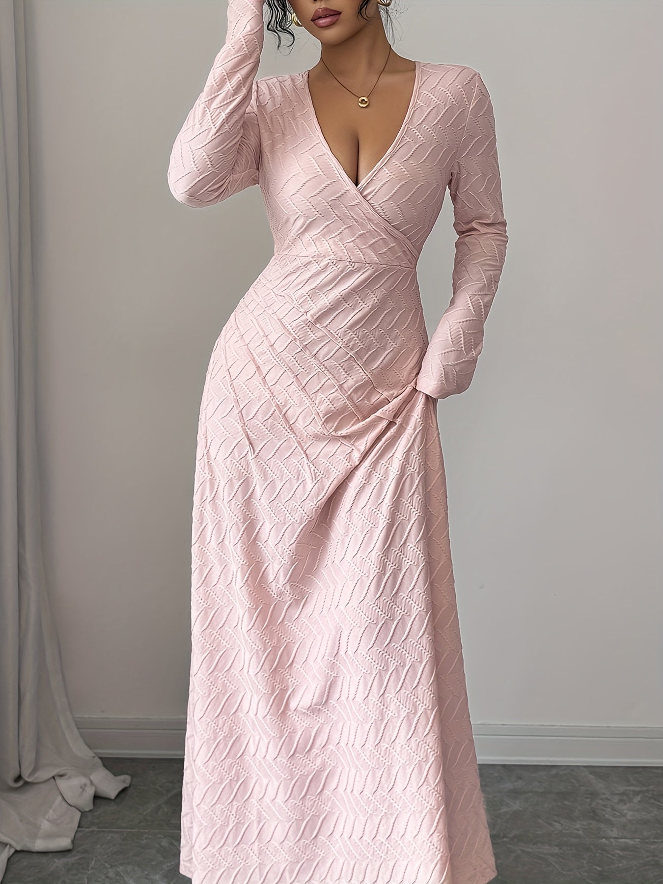 Women's Elegant V-Neck Long Sleeve A-Line Dress - Slim Fit Formal Gown with Cinched Waist, -Length Party Wedding Prom Dress, Machine Washable for all-Season Wear (No alterations needed)