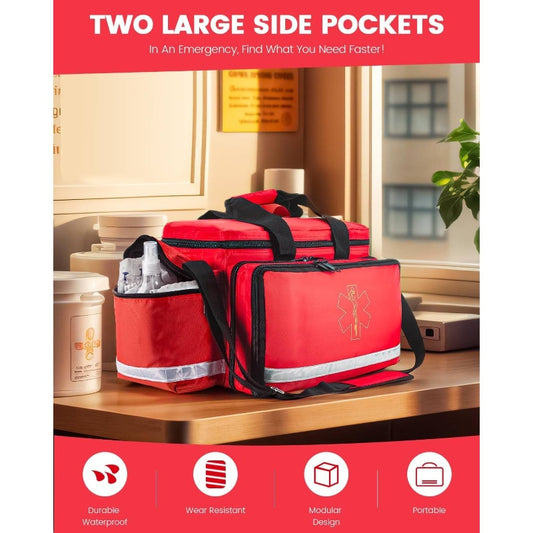 Heavy-Duty EMT Bag with 360° Reflective Safety Design, 4 Dividers & 3 Removable Transparent Pouches - Padded Detachable Strap, 25.8" Large Capacity First Aid Kit for Paramedics, First Responders, Camping, Hiking, Sports - Du