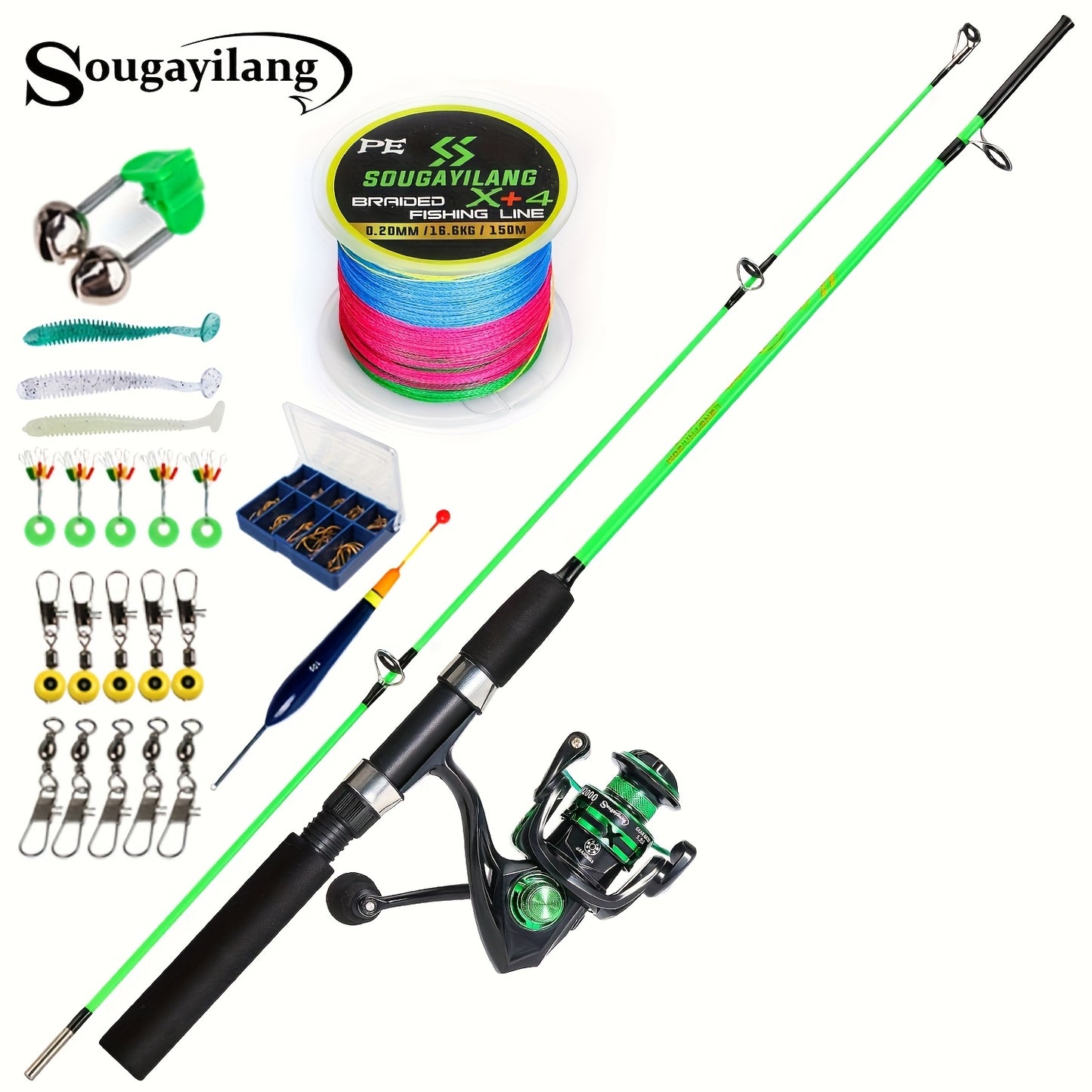 Sougayilang Fishing Rod and Reel Set, Two-Section Straight Handle Spinning Reel Combo with 5.2:1 Gear Ratio for Blackfish, Trout, Bass, Dogfish, and Carp - Beginner-Friendly Complete Tackle Kit with Random Color Line and Bait