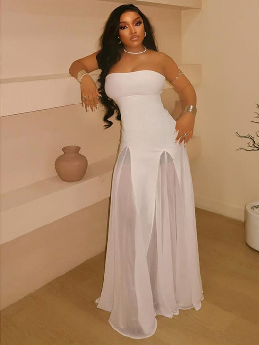 LUCKFOX 2026 Temperament Women'S Perspective Tube Top Slim A-Shaped Skirt One-Shoulder Collar Solid Color Dress | Elegant Long Length Mermaid Hem, Sleeveless, Perfect for Spring/Fall