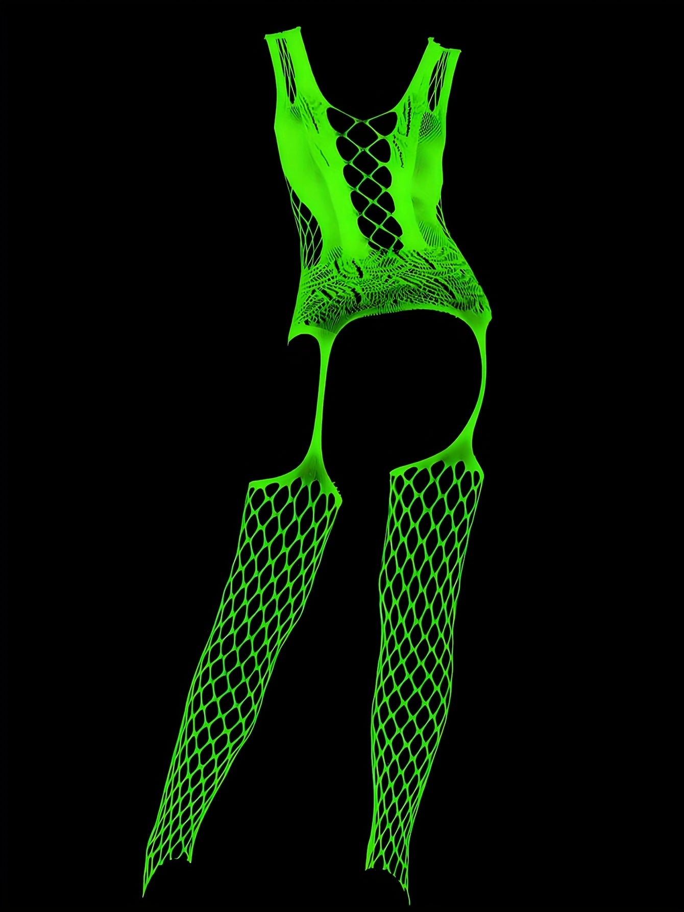 1pc Women's Glow-in-the-Dark Fishnet Onesie - Blue Fluorescent Glow Under Black Light - Activated Luminous High-Stretch Leggings with Skeleton Design - No Padding & Hand Washable - Sexy Lingerie for Valentine's Day, Music Fes