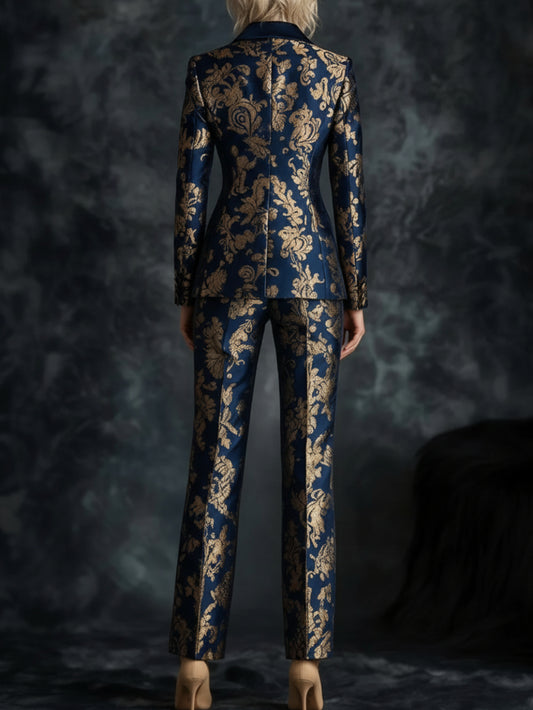 2pcs Set: Navy Blue Brocade Floral Suit | Vintage-Inspired Luxury with a Light Evening Vibe, Perfect for High-End Parties, Semi-Formal Occasions, And Autumn/Winter Seasons