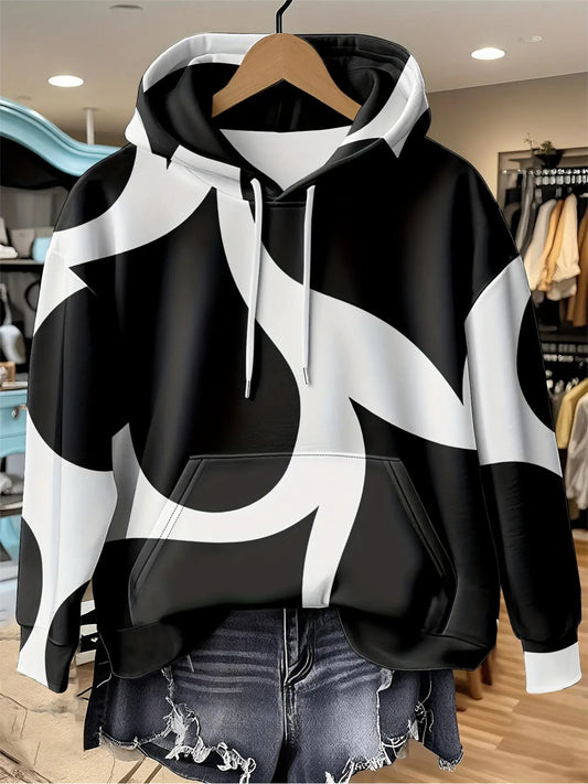 Women'S Black & White Abstract Hooded Sweatshirt - Full-Body 3D Digital Print Oversized Pullover with White Piping, Stretchy Long Sleeve Hoodie