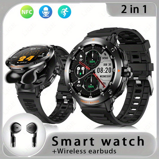 LIGE New Smartwatch with 2-in-1 Wireless Earbuds, NFC Access Card Function, Full Touch Control, - 1.46''TFT Screen, Fitness Tracker, Music Playback, Sleep Monitor, Weather Updates, Information Storage, Multiple Sports Modes,