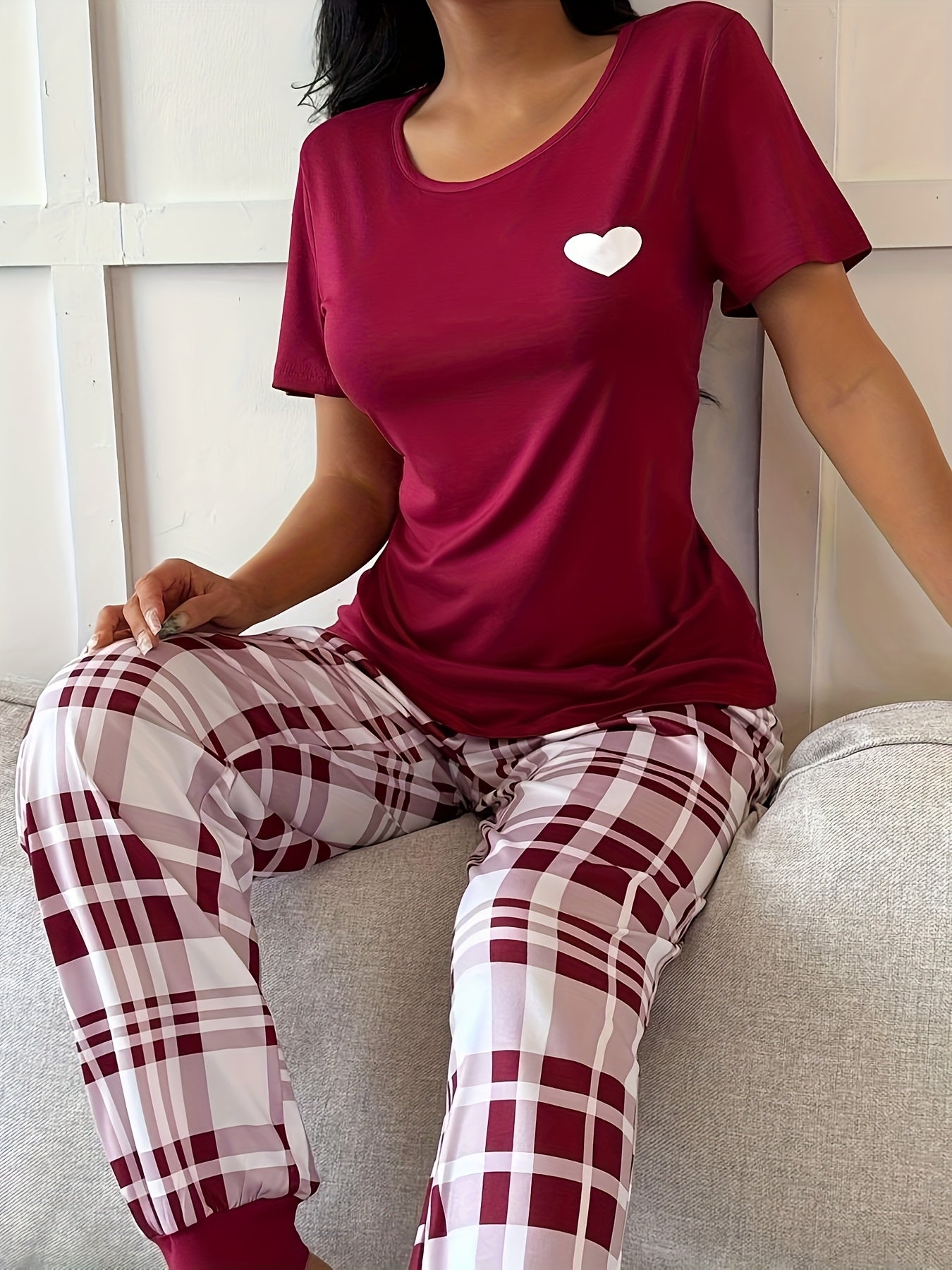 Women'S Red & Plaid Long Pajama Set - Cozy Fall Pajamas with Heart Pattern, Round Neck, Casual Style, All-Season Comfort, Perfect for Home Relaxation, Cozy Home Wear | Plaid Pajama Set | Comfortable Fit