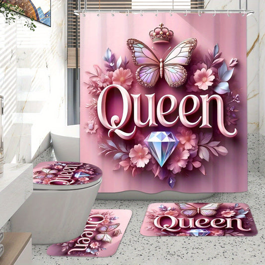 4pcs Queen Pattern Shower Curtain Set, Fashion Bathroom Curtain Set with 12 Hooks Included, Matching Anti Slip Mats & Toilet Covers, Modern Bathroom Accessories Ideal for Home Decor & Housewarming Gift