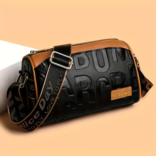 Casual Crushed Lettering Handbag with Adjustable Strap & Zipper Closure - / Solid Color Multi-layer Shoulder Purse, Durable for,, Shopping