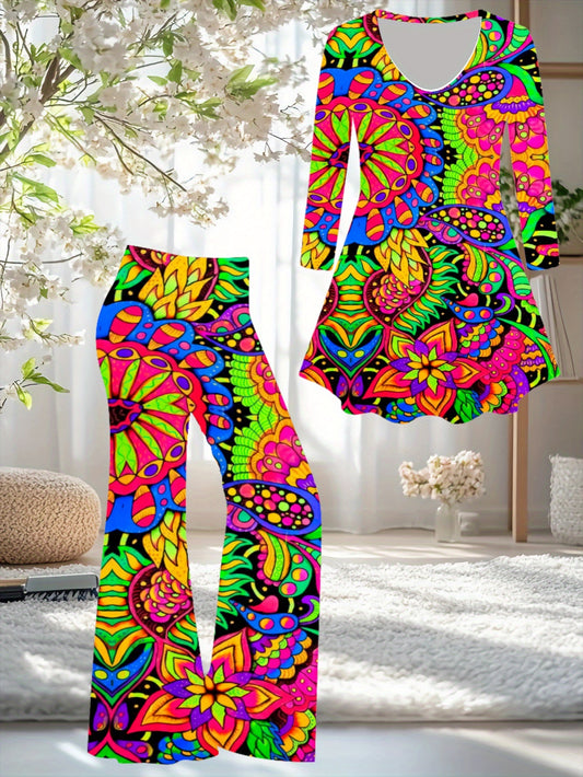 Women's Artistic Paisley-Print Flared Culotte Pantsuit - Multicolor (Pink/Yellow/Green/Blue/Purple) A-Line Asymmetrical Hem Jumpsuit, Casual to Dressy Outfits, All-Season Wear, Round Neck Long Sleeve Matching Set