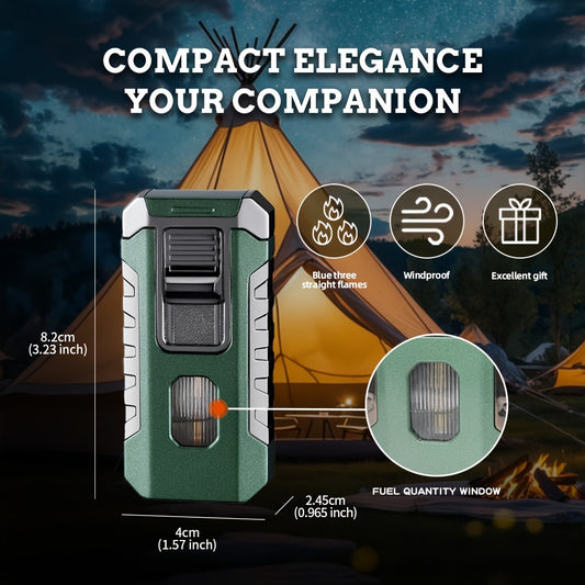 A Lighter That Resists Wind, Featuring a Triple Flame with Direct Injection, Made of Metal And Equipped with a Viewing Window. It'S a Refillable, Portable Lighter with an Adjustable Flame