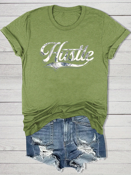 Women'S Casual "Hustle" Graphic Tee - Red Short Sleeve Round Neck T-Shirt with White Artistic Lettering, Lightweight Polyester Blend, Relaxed Fit for Spring & Summer, Casual Summer Wear | Comfortable Fit