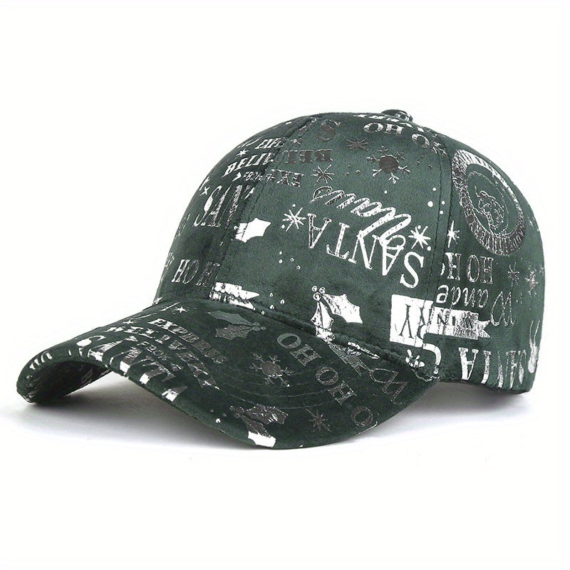 1pc Christmas Reflective Baseball Cap Adjustable Lightweight Polyester Vintage Distressed Six-Panel Street Style Cap with Random Print Patterns (Stars/Hearts/Music Notes) - Unisex Casual & Festive Holiday Accessory, Streetwea