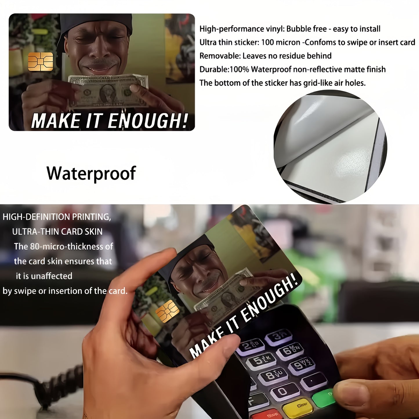 MAKE IT ENOUGH! Fun Waterproof Stickers for Credit Card Beige Covers, Ultra-Thin, High-Quality, Scratch-Resistant, Suitable for Credit Cards, Bank Cards, Bus Cards, Removable Self-Adhesive for Most Cards, Ideal Gift for Frien