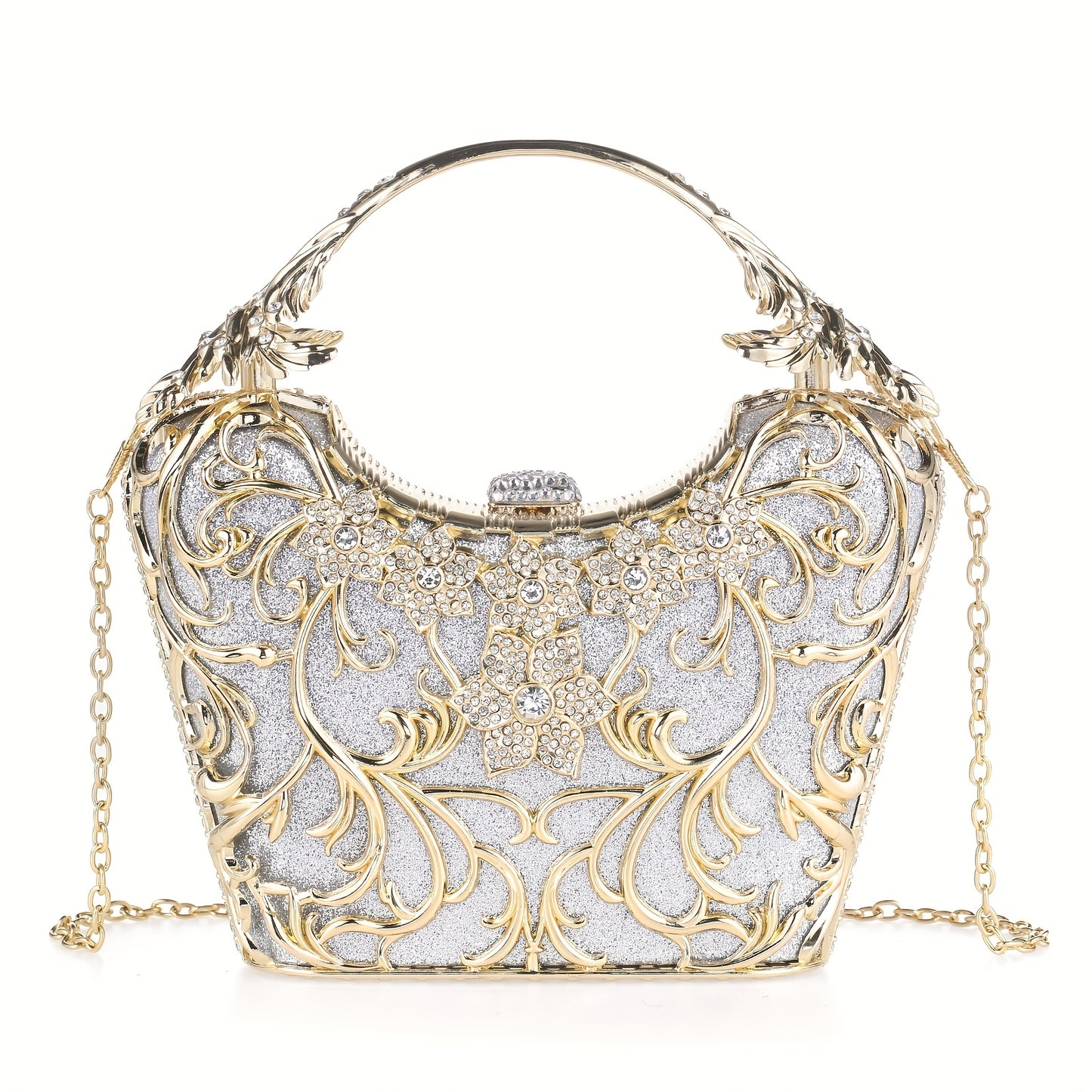 Perfect for Weddings, Proms & Formal Events - Handcrafted Rhinestone Clutch Purse - Luxurious Floral Evening Bag for Women - Elegant Dinner Handbag with Glittering Rhinestones & Golden-Tone Metal Handle