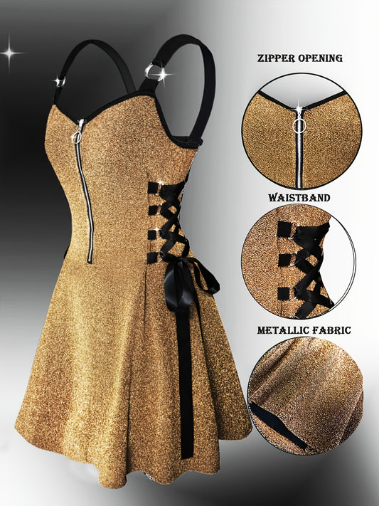 Y2K Metallic Fabric | Fashionable Women'S Peplum Dress with V-neck and Zipper Closure | Flared Hem, Waist-Cinching Details | All-Season Wear