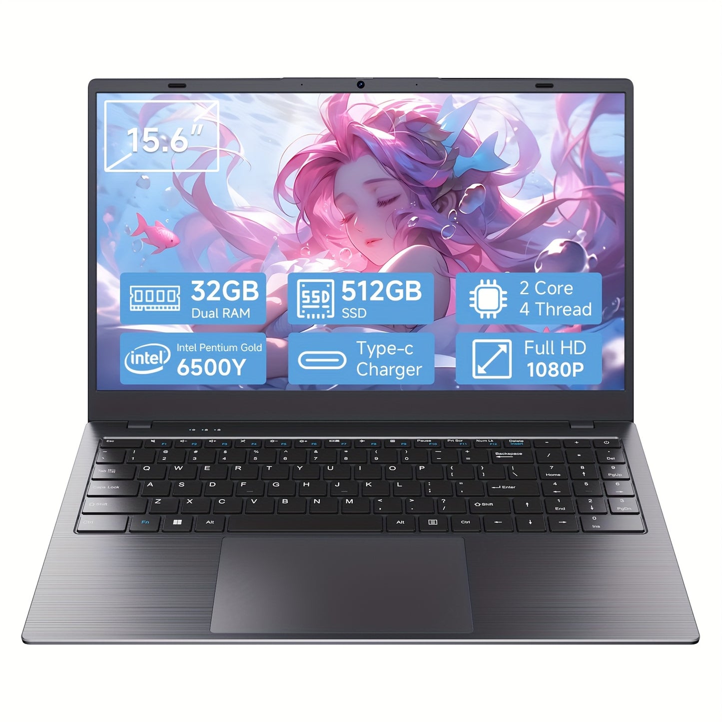 RNRUO 15.6-inch New Ultra-thin Laptop with Pentium 6500Y Processor, 8GB RAM SO-DIMM * 2 256GB SSD, Supports Dual Screen 4K High-definition Resolution, Stereo Four Speakers, TYPE-C Charging And PD Fast Charging, Rich Computer