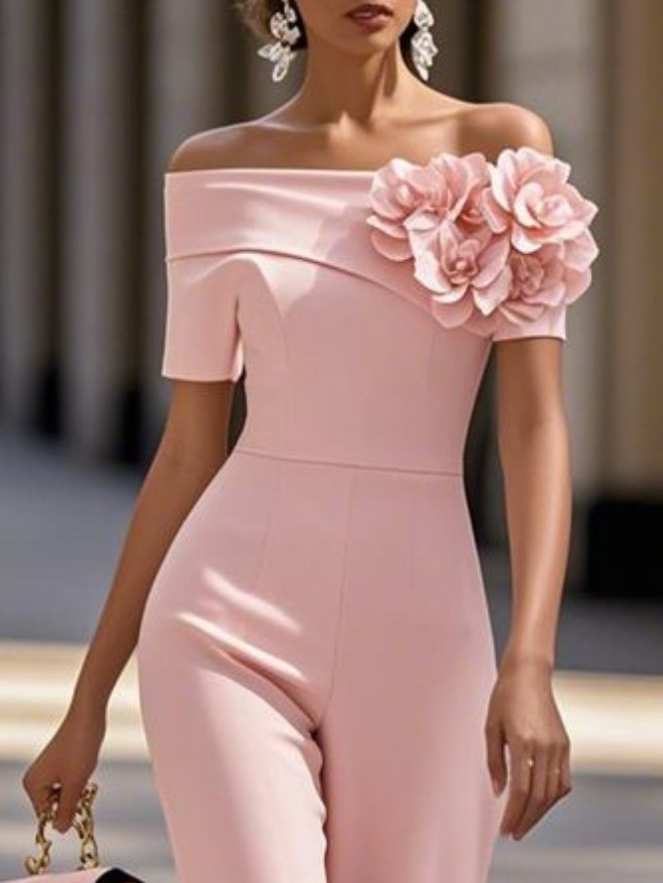 Off-shoulder 3D Floral Decor Waist-Defined Wide-Leg Jumpsuit for Women | Sweet and Elegant Fashionable Mature- Style, Suitable for Everyday Outings, Casual Dates & Dinners, and Social Occasions