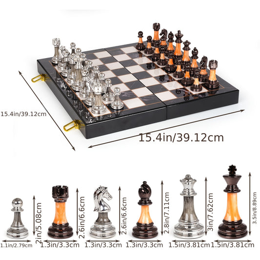 15" Large Chess Set for Adults with Weighted Acrylic Chess Pieces 3.5" King & Portable Folding Marbling Wooden Chess Board Travel Chess Sets Family Board Game Gift – Elegant Classic Chess Game