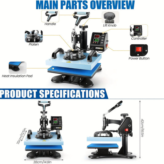 650W 12"x10" Heat Press with Dual Heating Tubes, 360° Rotation, Digital LCD Controller, Adjustable Pressure - Ideal for T-Shirts, Canvas Bags, Coasters, Pillowcases - Insulated Design for Safe Use
