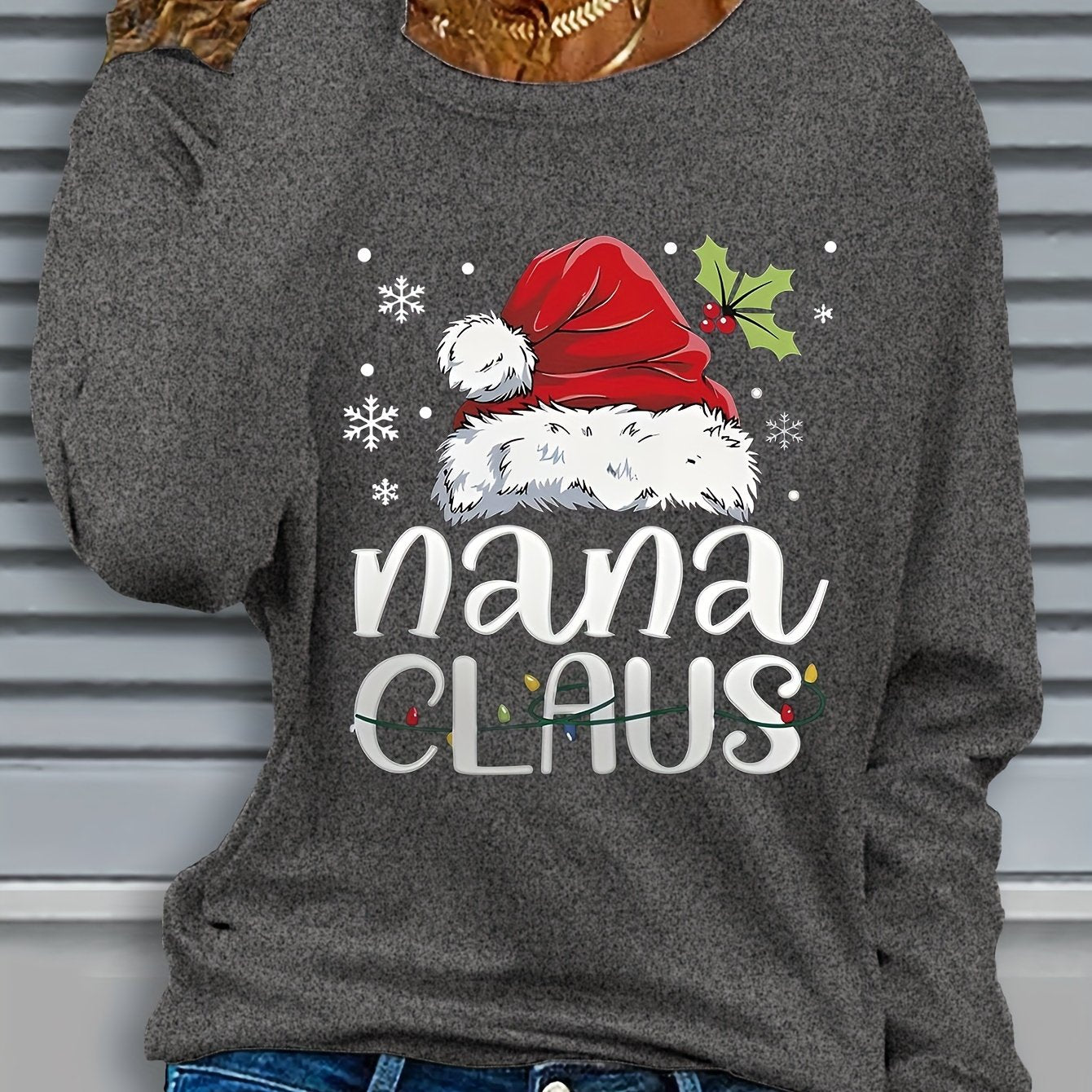 Women'S Christmas Santa Claus & Nana Claus Graphic Print Long Sleeve T-Shirt - Cozy Crew Neck Casual Top with Festive Snowflake & Santa Hat Design, Perfect For Fall/winter Holiday Celebrations, Christmas Shirts