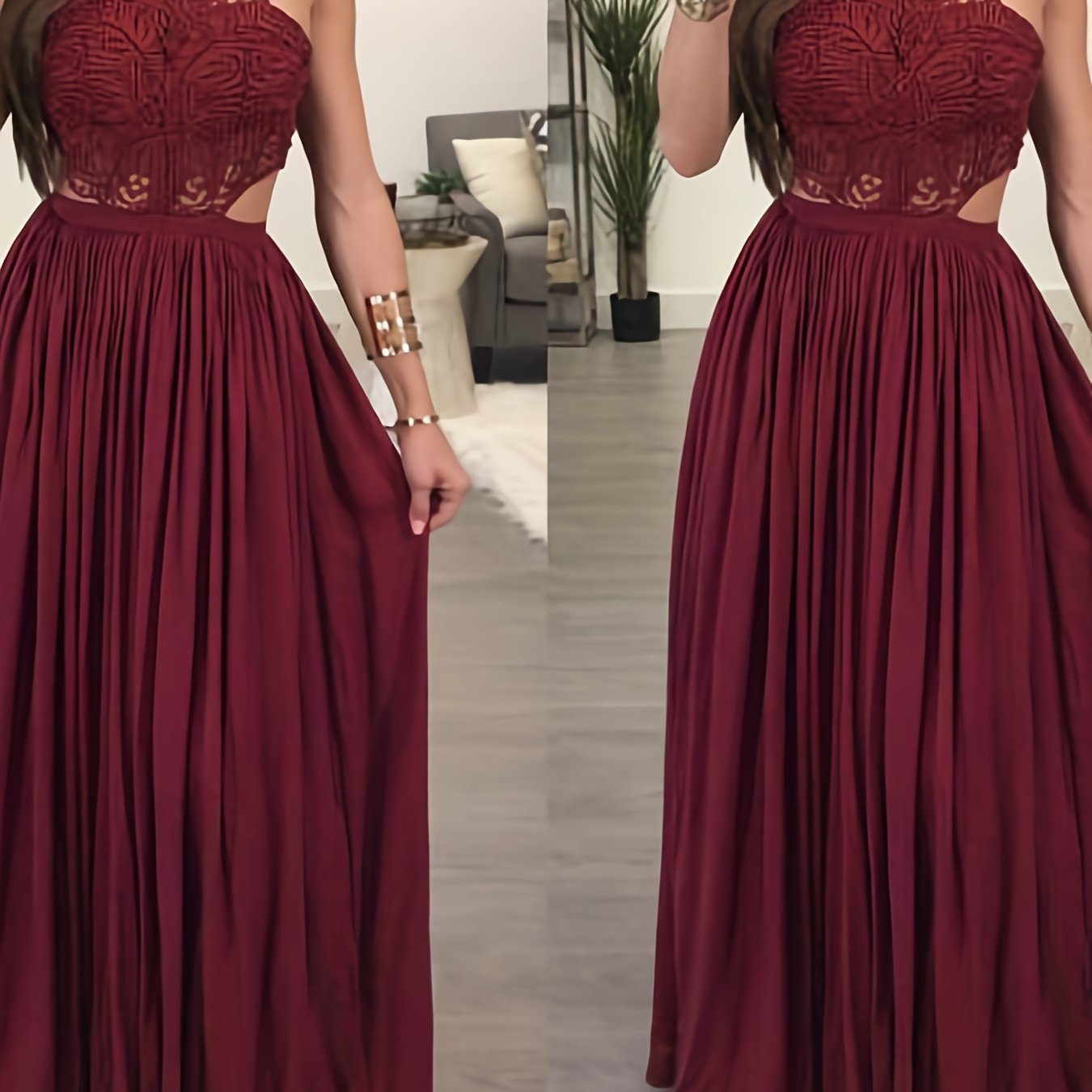 Women Hollow Out Lace Halter Dress, Crochet High Waist Pleated Maxi Dress Wedding Party Dress