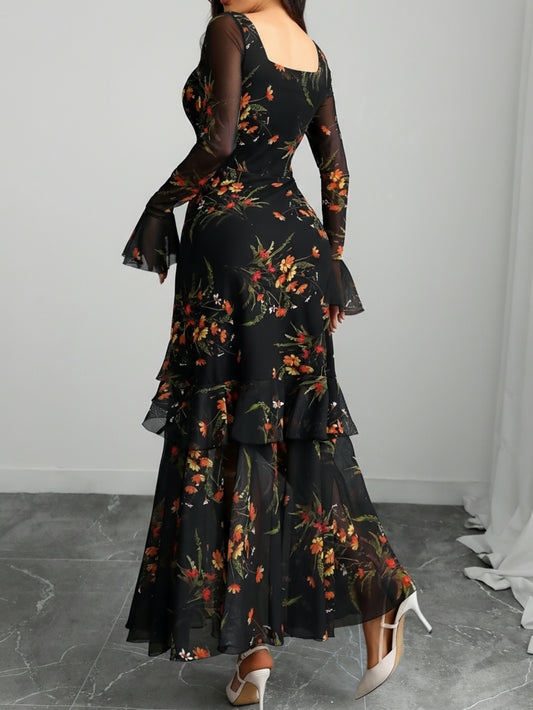 Women's Vintage Elegant Black Maxi Dress with Bell Sleeves & Ruffled hems - Square Neck Mesh Gown Suitable for Weddings, Proms, New Year's Eve Parties - Machine Washable Fall/Winter Evening Dress
