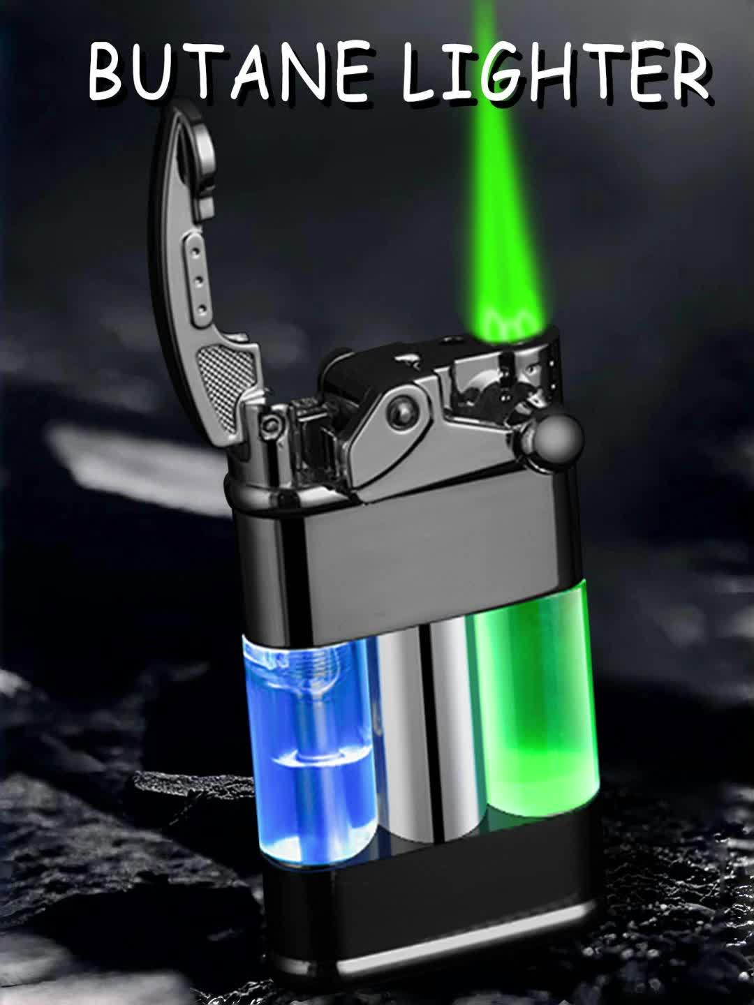 Butane Lighter with a Green Flame, a Versatile Featuring a Visible Window, Adjustable Flame Size, Wind-Resistant Design, Rocker Arm Ignition, And a Metal Casing. It'S a Stylish, Refillable Lighter That Does Not Include Butane