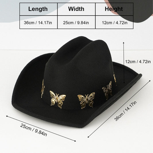 Unisex Vintage Western Cowboy Hat - with Metallic Butterfly Applique & Gemstone Accents, Adjustable Strap for Fit, Lightweight & Breathable Wide Brim, All-Day Comfort for Rodeo, Music Festivals, Themed Parties - Western Style
