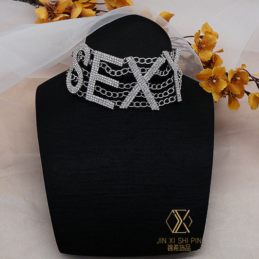 1pc Women's Rhinestone Choker Necklace with S-E-X-Y Letters - Sparkling June Birthstone for Parties, Valentine's Day Gift, Elegant Hip-Hop Collar Chain for Birth control concealment (No plating)