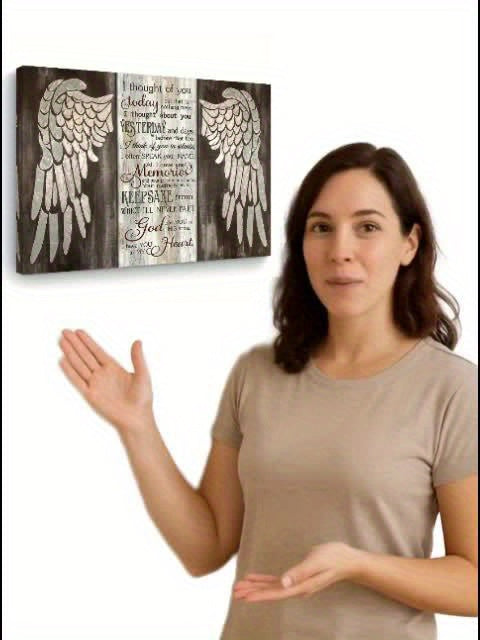 Room Decor 1pc Rustic Angel Wings Wooden Framed Canvas Art, 11.8X15.7Inch Inspirational Quote Wall Decor, Woven Memory Print for Living Room, Bedroom, Kitchen, Home & Office, Bachelor Party Festival Gift Idea