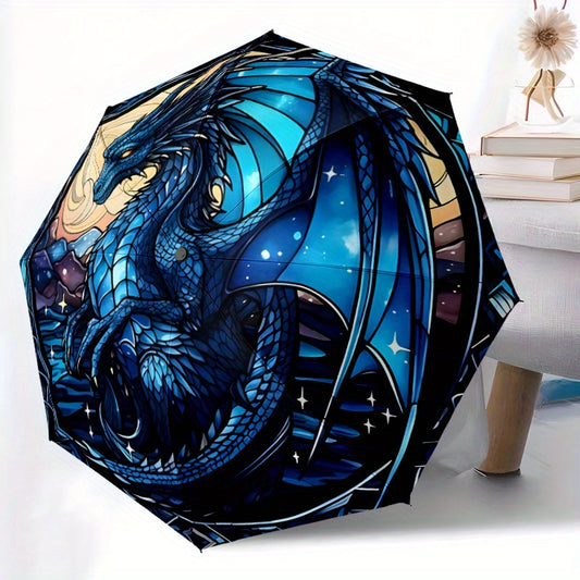 Automatic Open/Close Umbrella with One-Touch Button - Compact Folding Umbrella, Windproof 8-Rib Shaft, Auto Open Close, Portable for Travel, Commute, Everyday - Elegant Blue Dragon Design in Deep Blue & Golden Accents - All-S