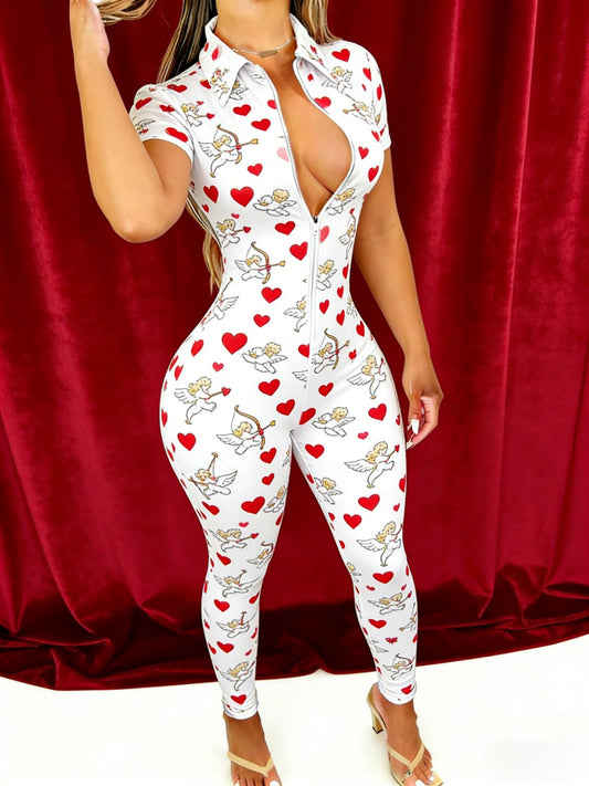 Modern Romantic Valentines Day Bodysuit Short Sleeve Stretchy Fit 2D Print Trendy Street Style Jumpsuit for Women