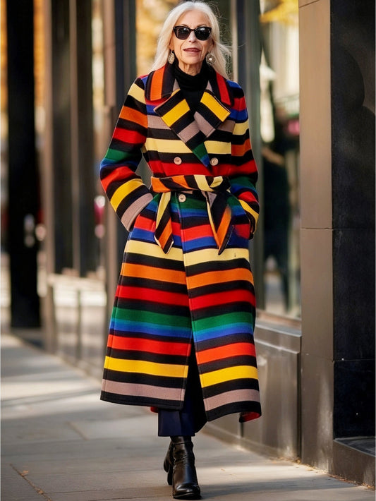 Oversized Rainbow Striped Trench Coat - Women's Winter Long Coat - Double Breasted with Belted Waist & Statement Sleeves - Multicolor Horizontal Stripes (Red/YellowGreen/Orange/Pink) - Elegant H-Line Silhouette for Christmas,