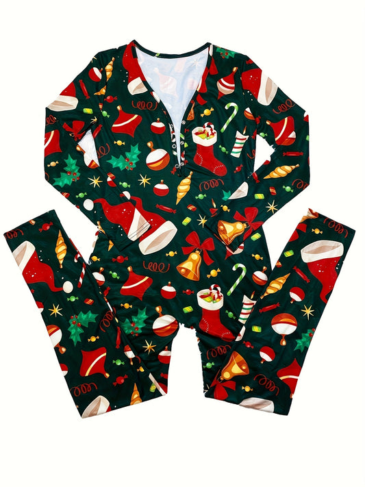 Women'S Christmas Print Lounge Jumpsuit - Sexy Long Sleeve V-Neck Button Front Sleepwear, Vibrant Holiday Design, Lightweight Summer Loungewear for Adults, Christmas Pajamas, Festive Loungewear, Playful Design, Comfortable Fi