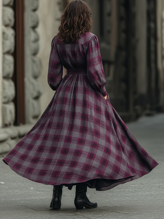 Plaid Shirt-Style Waist-Cinching Long Dress for Women | Puff Sleeves with Flared Hem, Chic Fit and Flare Style, Perfect for Fall/Winter, Suitable for Urban Commuting and Vintage British-Style Social Occasions