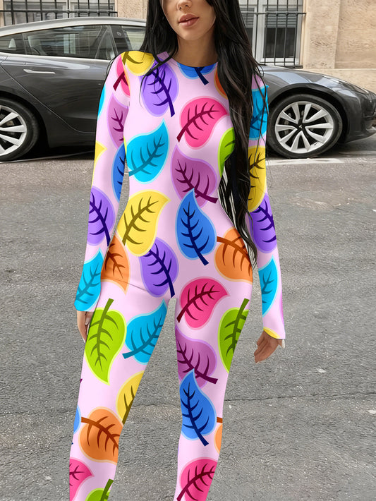 Autumn Women'S Trendy Printed Jumpsuit | Casual and Fashionable Sexy Long Sleeved Tight Jumpsuit with Geometric Pattern and Crew Neck