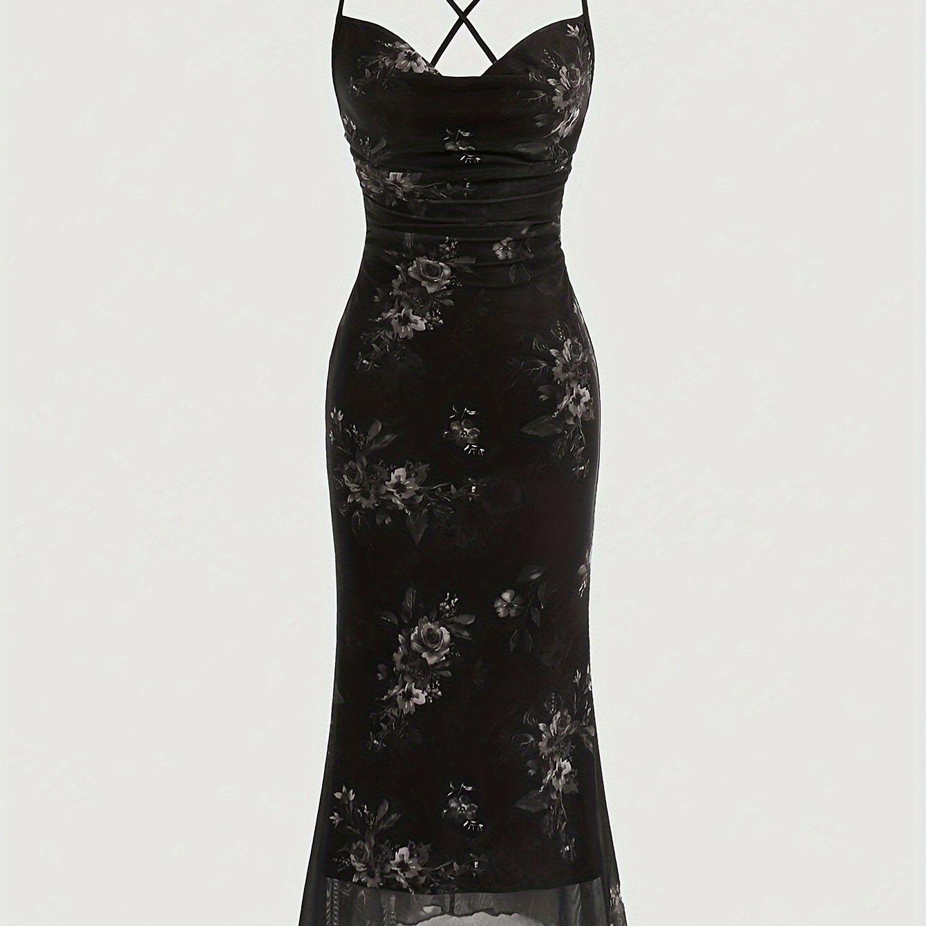 Vintage Elegant Cocktail Party Spaghetti Strap Printed Mesh Midi Dress for Women