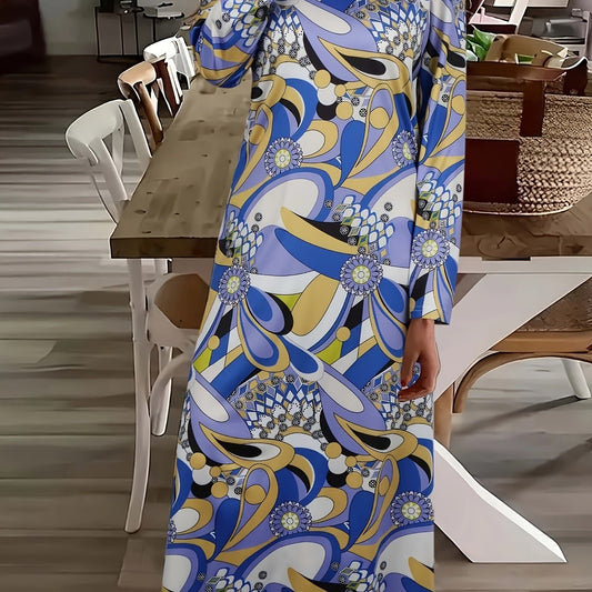Women'S Elegant V-Neck Long Sleeve Dress - Blue & Yellow Floral Print, Fitted Silhouette, Machine Washable, All-Season Versatile Wear for Casual & Formal Occasions, Dress Blouses Elegant, Stylish Fabric Flow