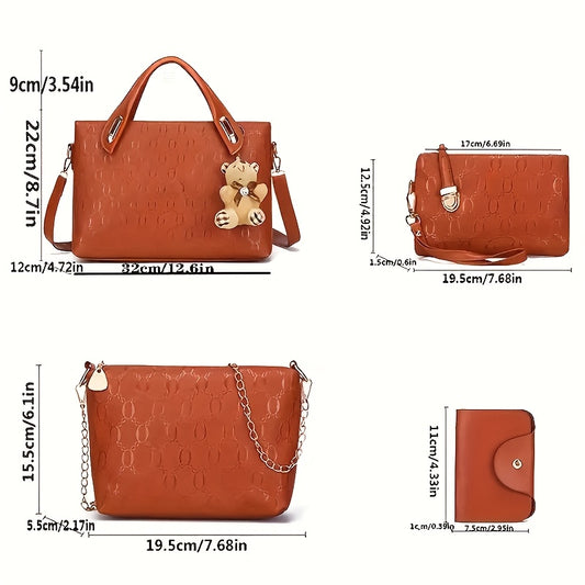 A Set of Four Trendy Handbags for Women Featuring Adorable Bear Charms, Ideal for Everyday Use - Spacious Bags - New Design for 2025