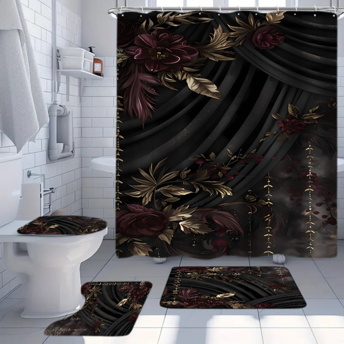 A Set of 1-4 Gold-Plated Rose Design Shower Curtains for The Bathroom, Complete with 12 Hooks, a Non-Slip Bath Mat, a U-Shaped Toilet Pad, a Toilet Seat Cover, And Decorative Items for The Bathroom, Ideal for Shower Curtain S
