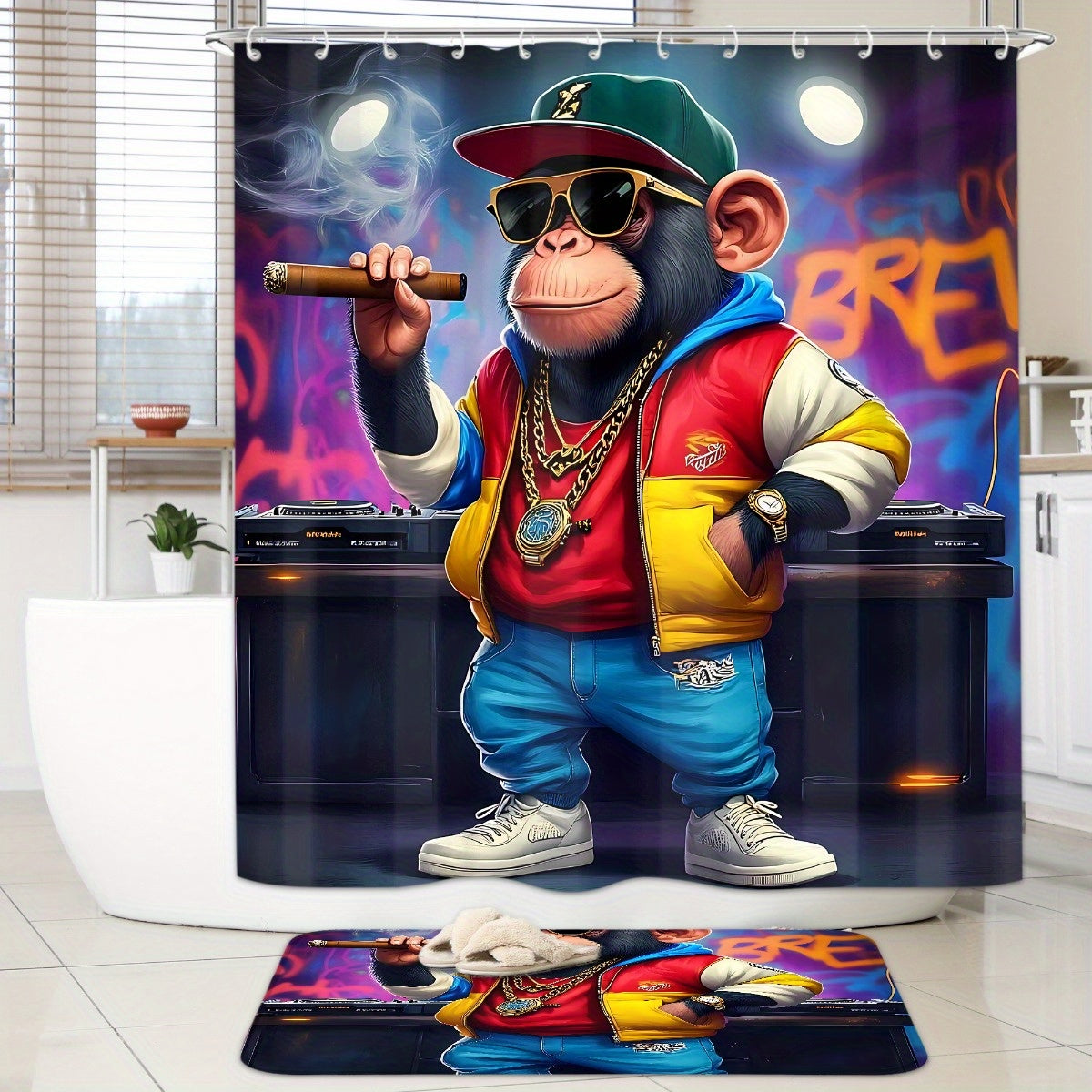 4pcs Cute Monkey Shower Curtain Sets, Modern Animal Pattern Bathroom Curtain Set with 12 Hooks Include Non-Slip Bathroom Rug, Toilet U-Shape Mat, Toilet Lid Cover, Fashion Bathroom Accessories Ideal for Bathroom & Home Decor,