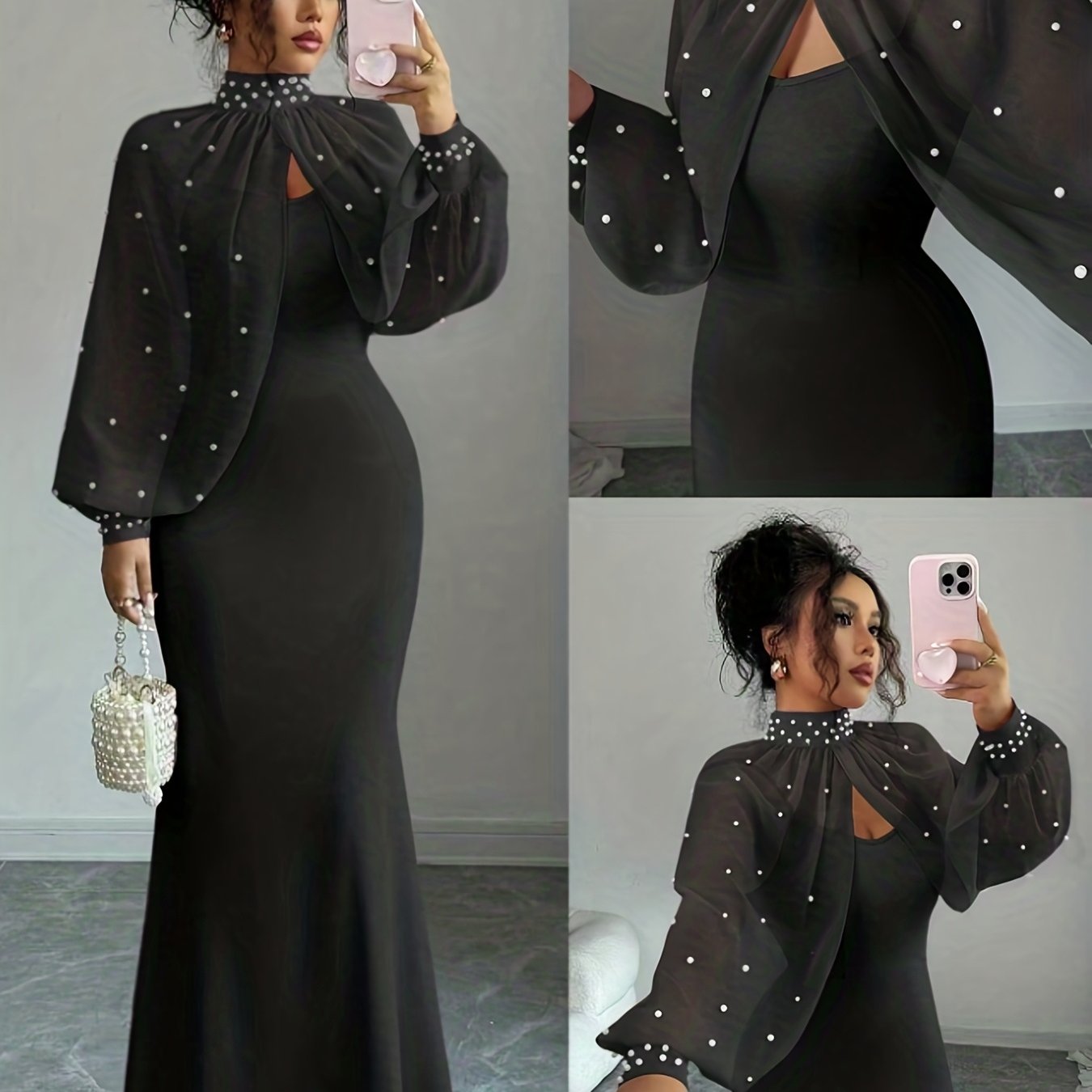WY251221079 Elenzga New Elegant Mature Charm Evening Gown, Graceful and Gentle, Dreamy Pink, Hand-beaded Long Sleeve Top, Elegant Mermaid Fit Strapless Dress Set, Spring/Summer Women's Wear