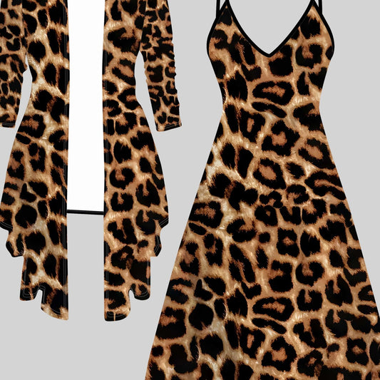 Women'S 3D Printed Leopard Print Long Sleeve Coat & Halter Dress Set - All-Season Casual Elegant Outfit, V-Neck, Brown & Animal Print, Perfect For Casual Attire, Leopard Print Dress